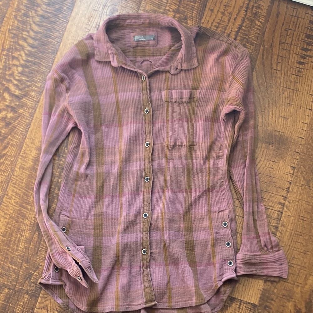 Prana Mauve and Olive Striped Casual Button-Up